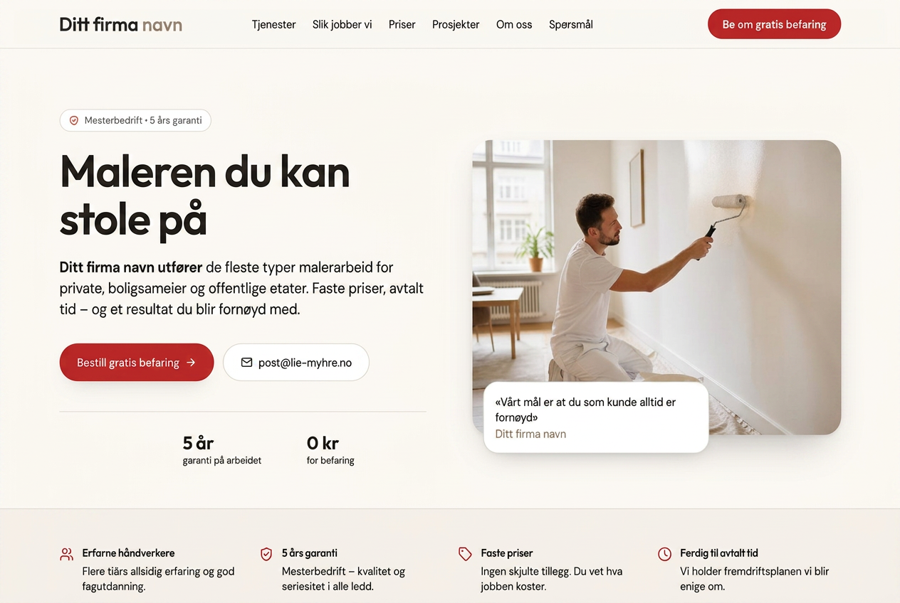 Forsiden av en nettside for maler